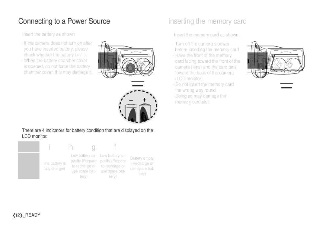 Samsung S760 manual Inserting the memory card, Insert the battery as shown, Insert the memory card as shown 