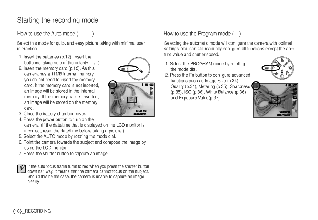 Samsung S760 manual Starting the recording mode, How to use the Auto mode μ, How to use the Program mode 