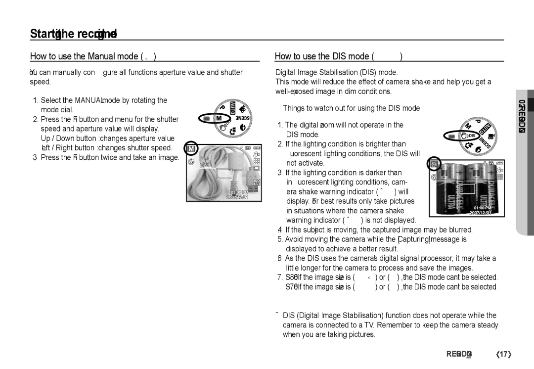 Samsung S760 manual How to use the Manual mode ¸, How to use the DIS mode 