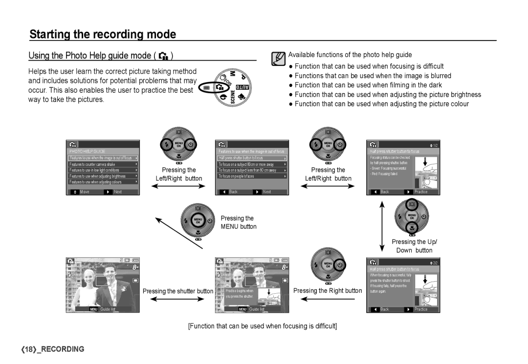 Samsung S760 manual Using the Photo Help guide mode `, Pressing Left/Right button, Pressing Menu button Left/Right button 