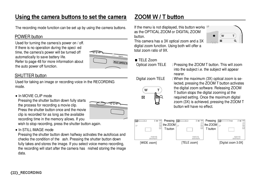 Samsung S760 manual Zoom W / T button, Power button, Shutter button, Nearer, Digital zoom Tele 