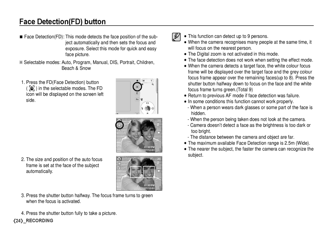 Samsung S760 manual Face DetectionFD button 