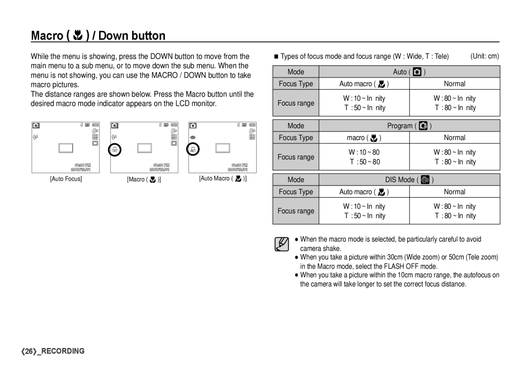 Samsung S760 manual Macro e / Down button, Auto Š, Program ‰, DIS Mode ÿ 