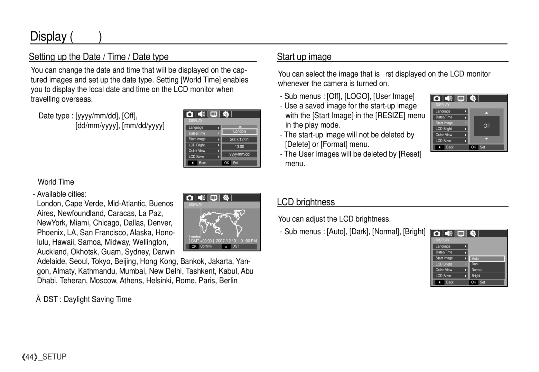 Samsung S760 manual Setting up the Date / Time / Date type, Start up image, LCD brightness 