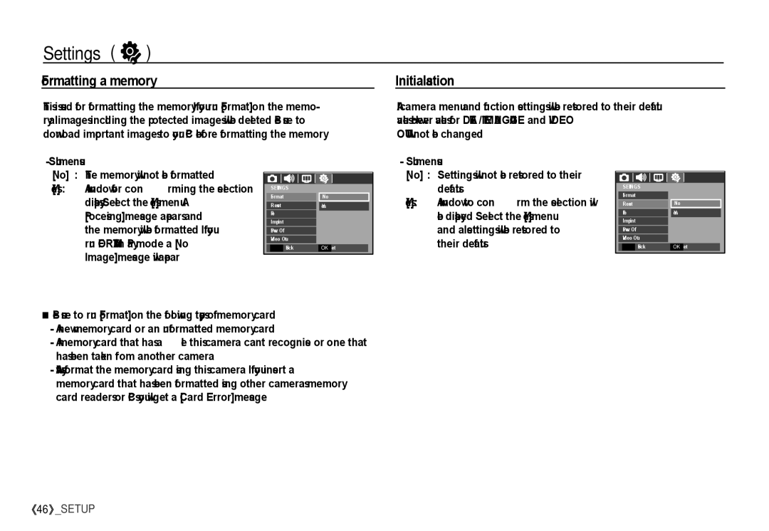 Samsung S760 manual Settings, Formatting a memory, Initialisation, No The memory will not be formatted 