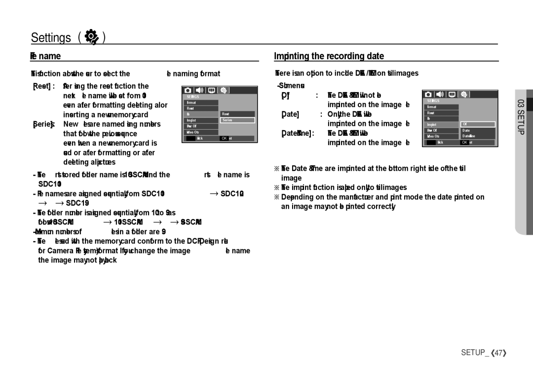 Samsung S760 manual File name Imprinting the recording date, Sub menus Off, Date Only the Date will be 