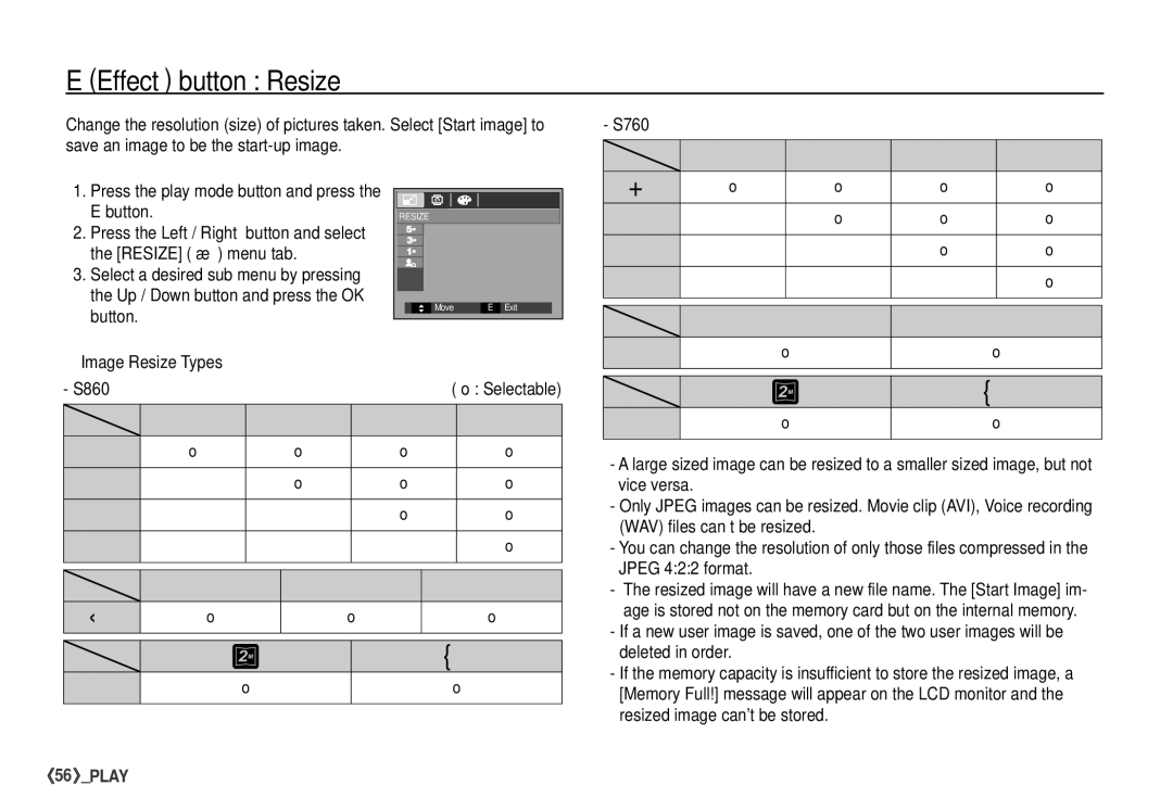 Samsung S760 manual Effect button Resize, Image Resize Types S860 