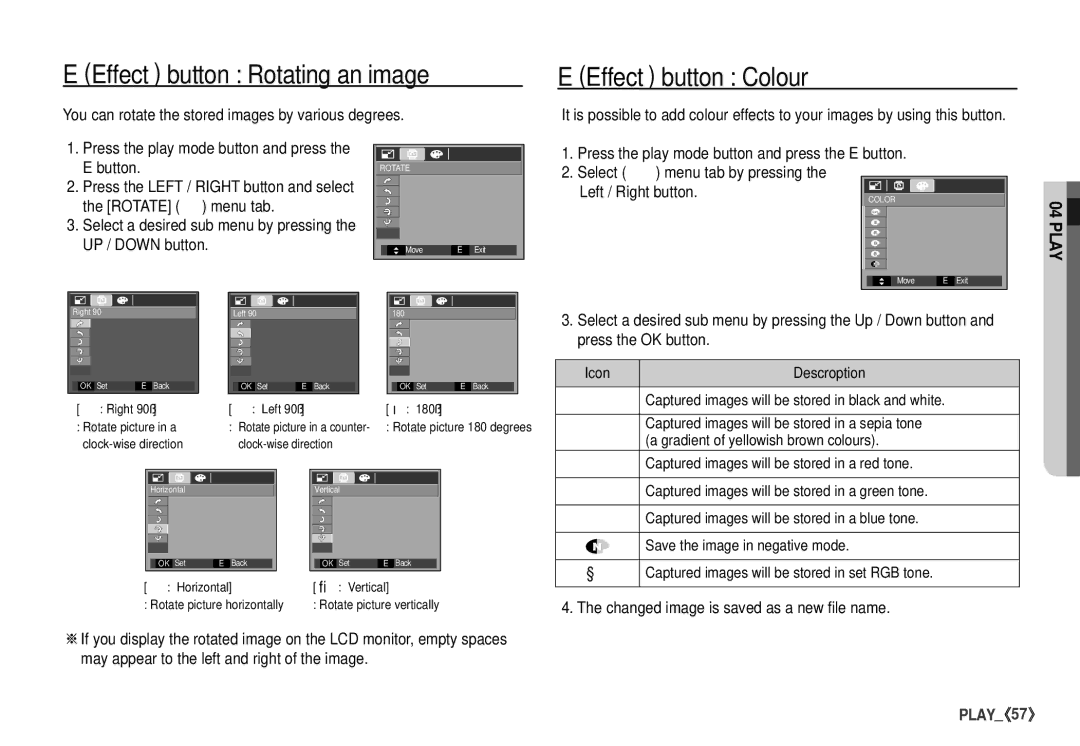 Samsung S760 Effect button Rotating an image, Effect button Colour, You can rotate the stored images by various degrees 