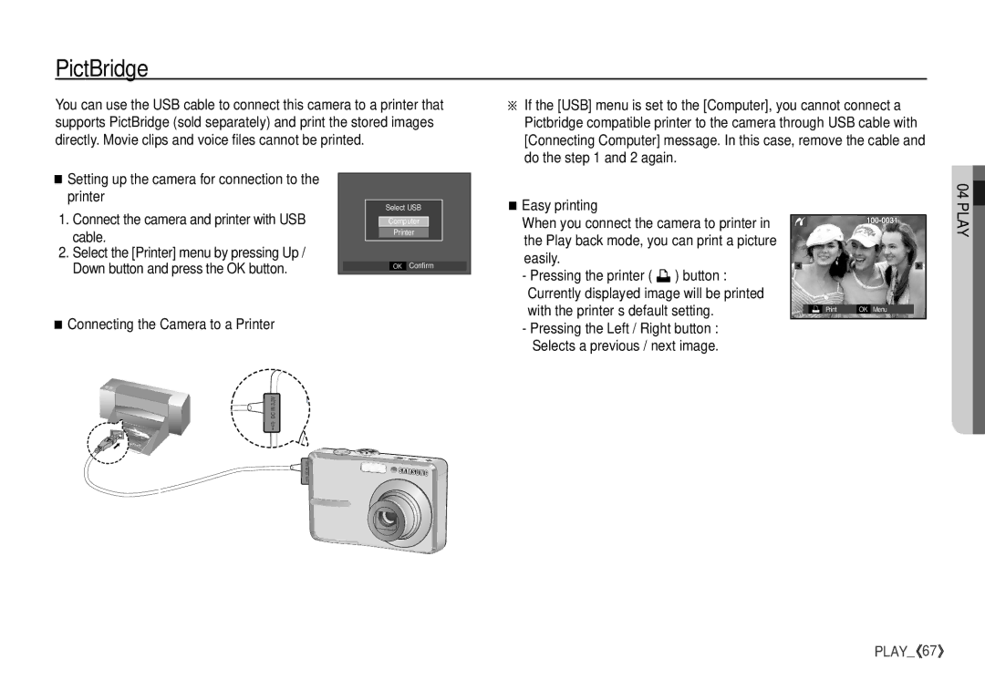 Samsung S760 manual PictBridge, Connecting the Camera to a Printer 