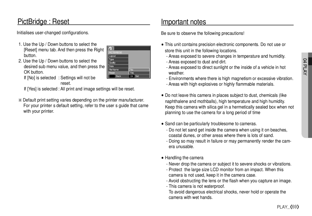 Samsung S760 manual PictBridge Reset, Important notes, OK button, If No is selected Settings will not be 