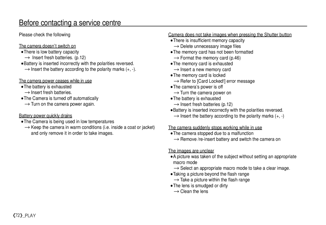 Samsung S760 manual Before contacting a service centre, Please check the following, Insert fresh batteries. p.12 