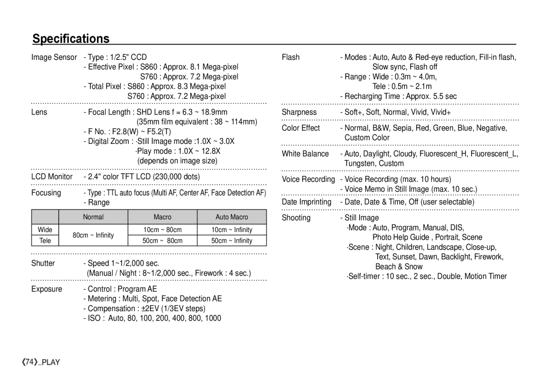 Samsung S760 manual Specifications 