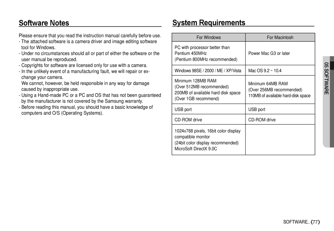 Samsung S760 manual Software Notes, System Requirements 