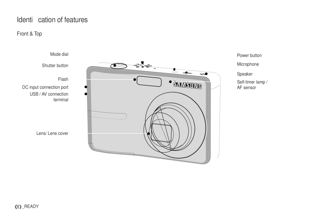 Samsung S760 manual Identiﬁcation of features, Front & Top, Mode dial Shutter button Flash DC input connection port 