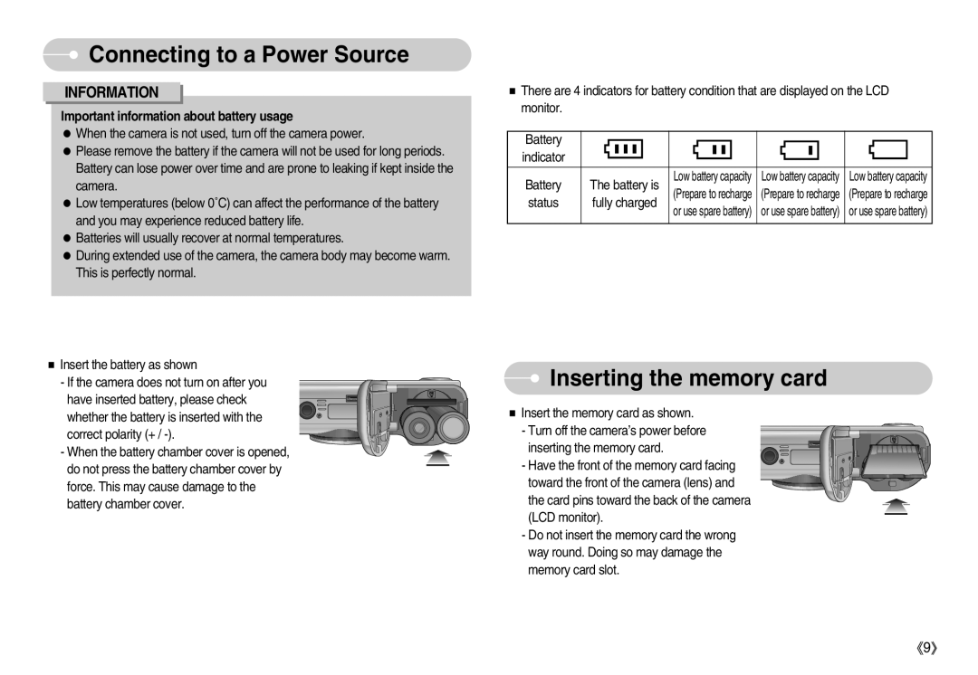 Samsung S830 user manual Inserting the memory card, Information 