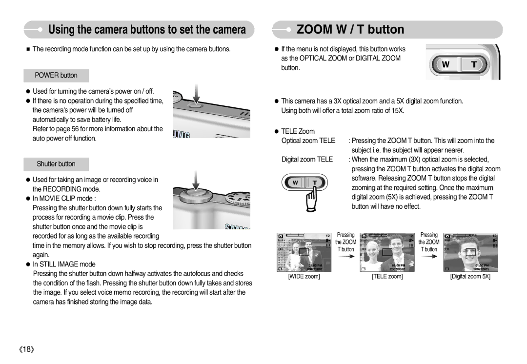 Samsung S830 user manual Zoom W / T button, Using the camera buttons to set the camera 