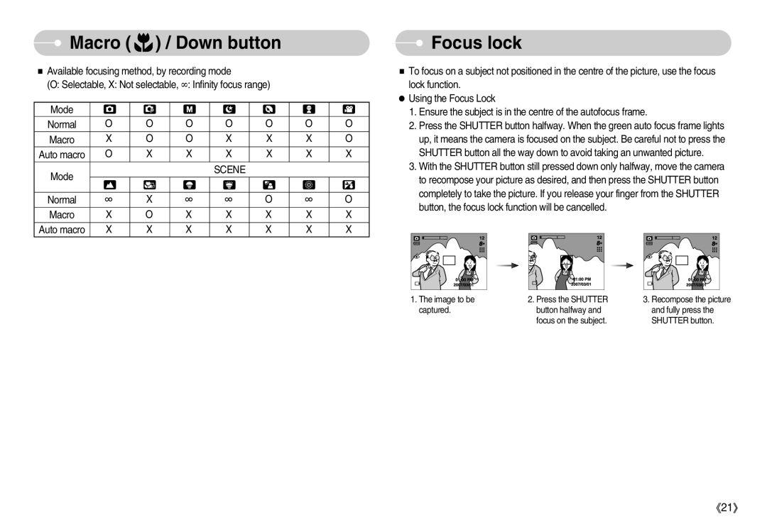 Samsung S830 user manual Focus lock, Scene 