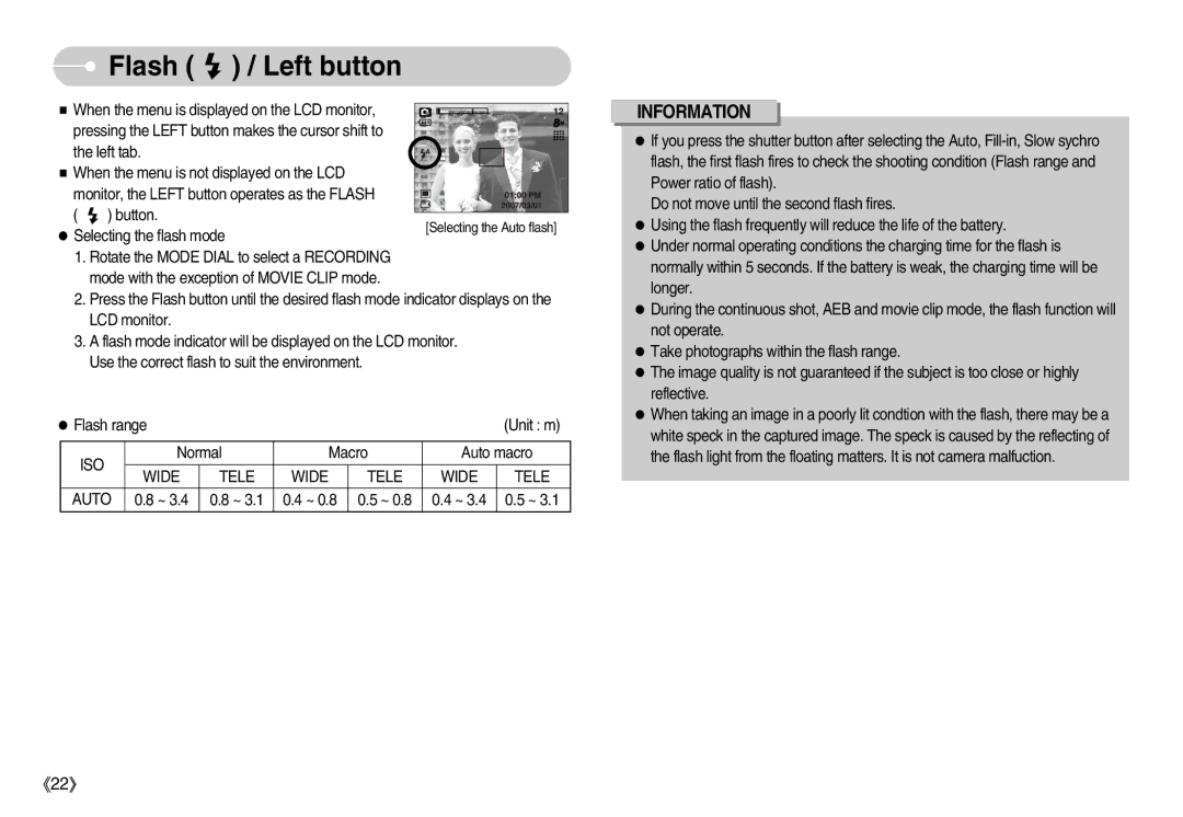 Samsung S830 user manual Flash / Left button, Iso, Wide Tele Auto 