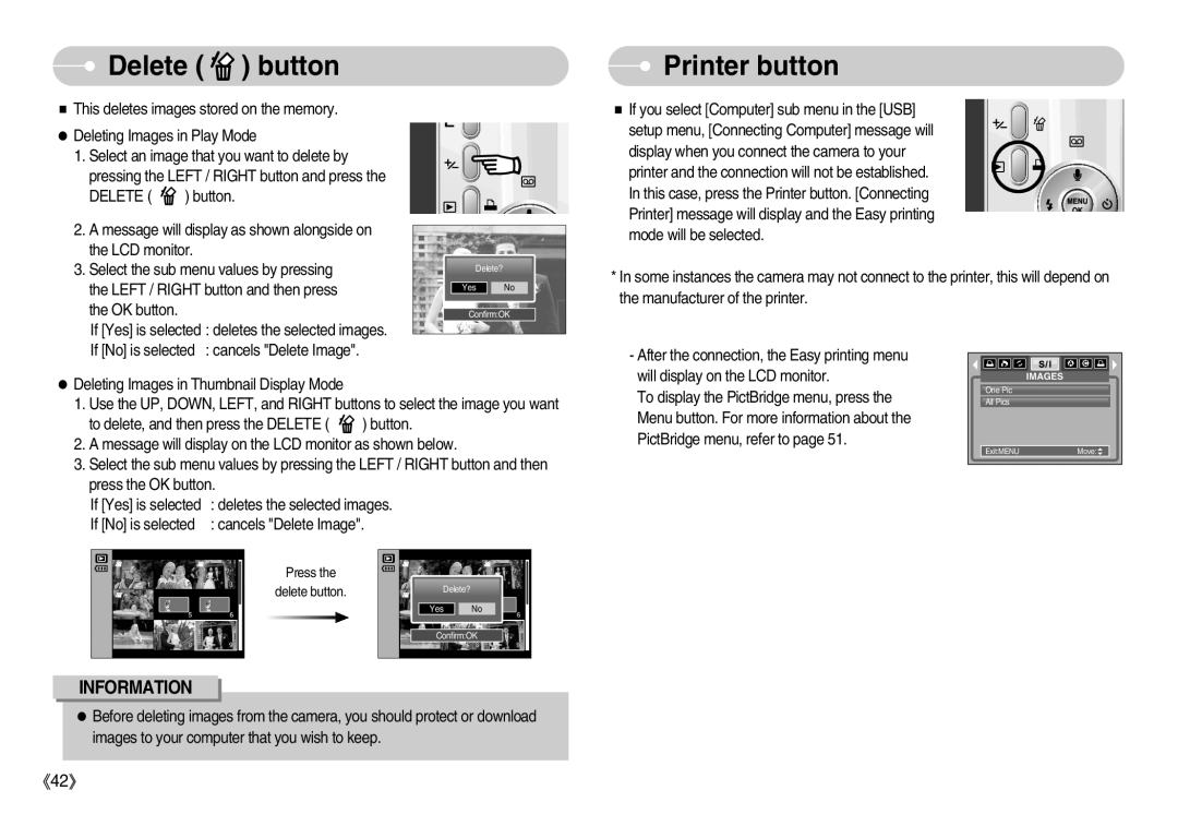 Samsung S830 user manual Delete button, Printer button 