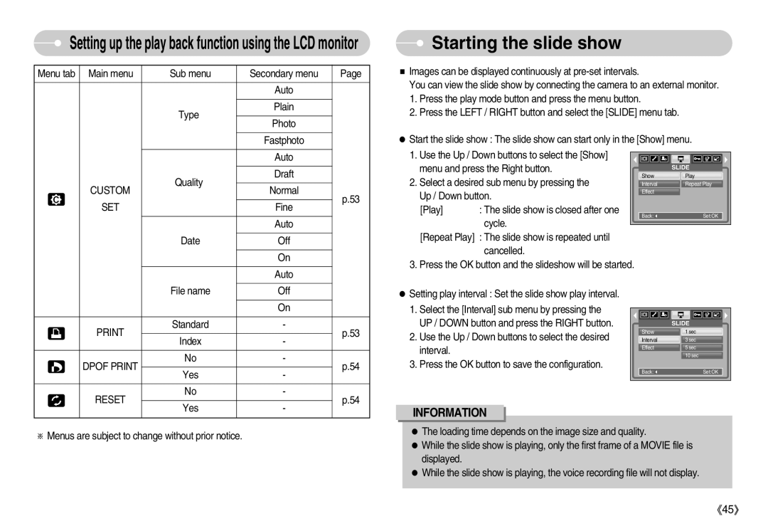 Samsung S830 user manual Starting the slide show, Dpof Print, Reset 