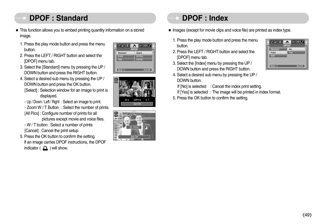 Samsung S830 user manual Dpof Standard, Dpof Index 