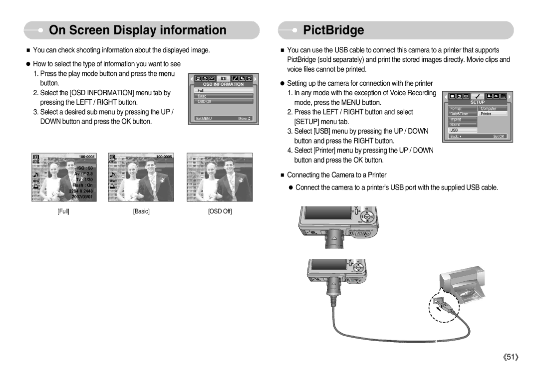 Samsung S830 user manual On Screen Display information, PictBridge 