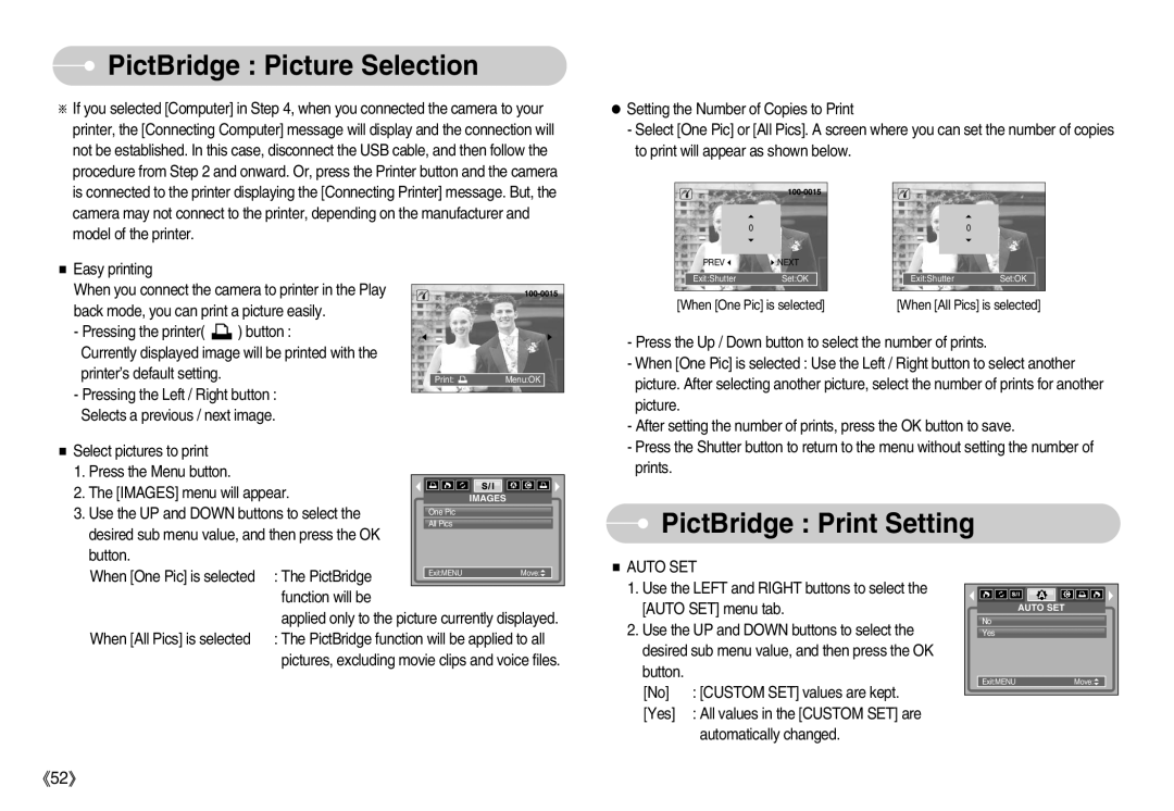 Samsung S830 user manual PictBridge Picture Selection, PictBridge Print Setting 