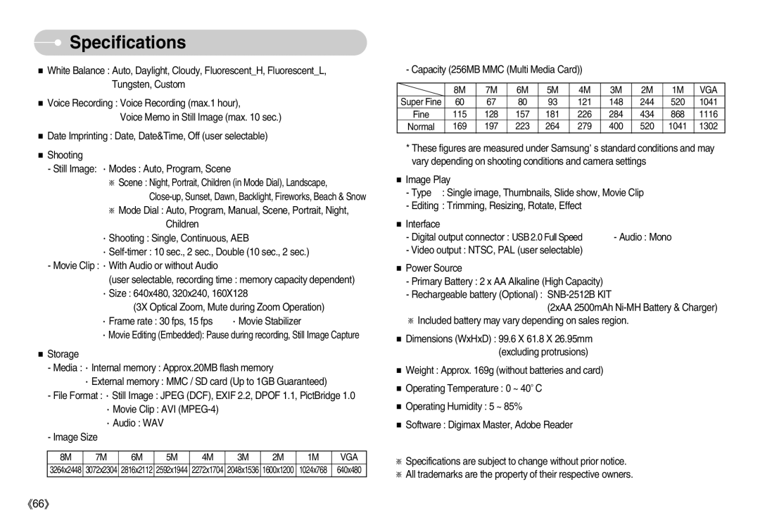 Samsung S830 user manual Capacity 256MB MMC Multi Media Card 