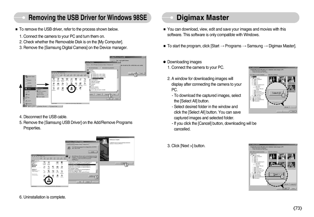 Samsung S830 user manual Digimax Master, Removing the USB Driver for Windows 98SE 