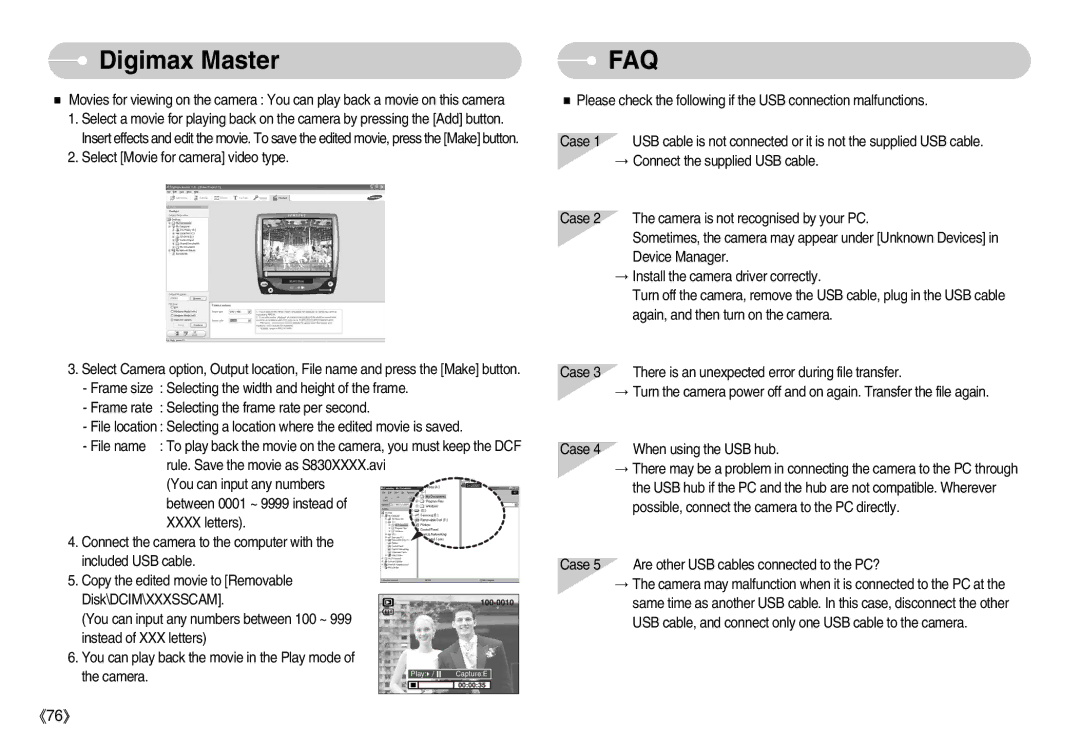 Samsung S830 user manual DigimaxFAQ Master, Faq 