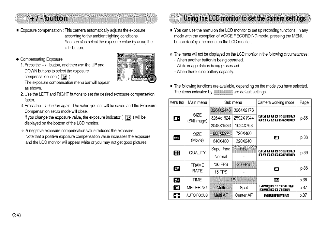 Samsung S850 manual Size, Quality, Rate, Autofocus 