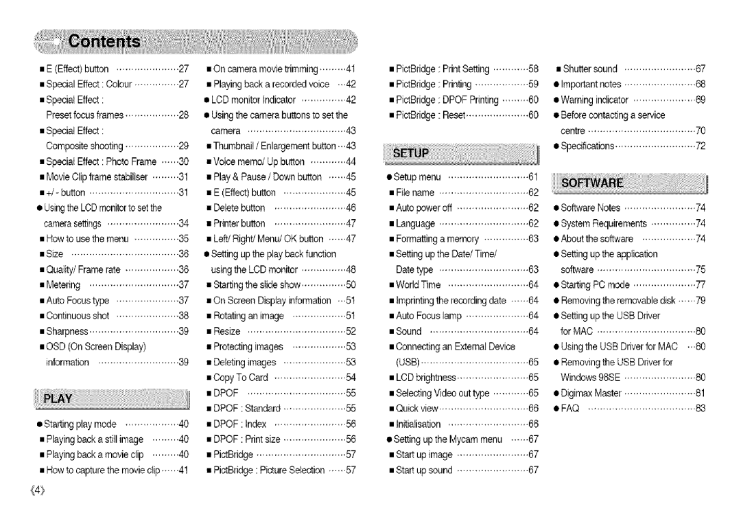 Samsung S850 manual SpecialEffect, Usb, Dpof, Faq 