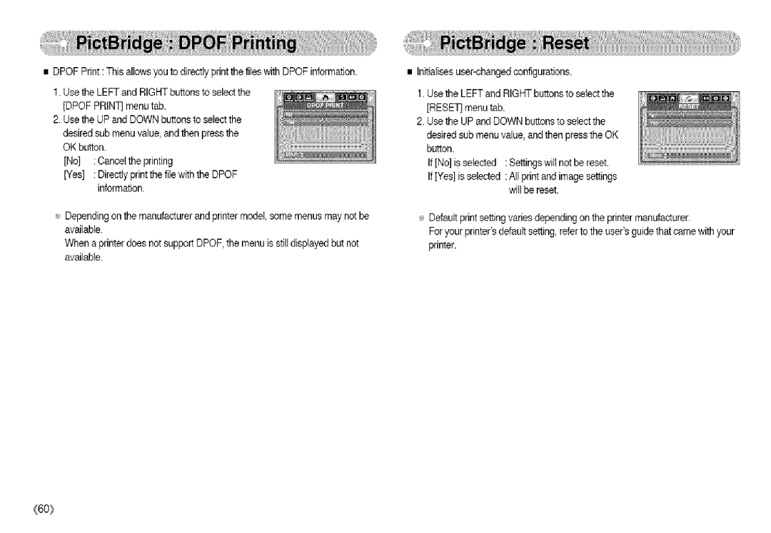 Samsung S850 manual Information Willbereset, Available, Printer 