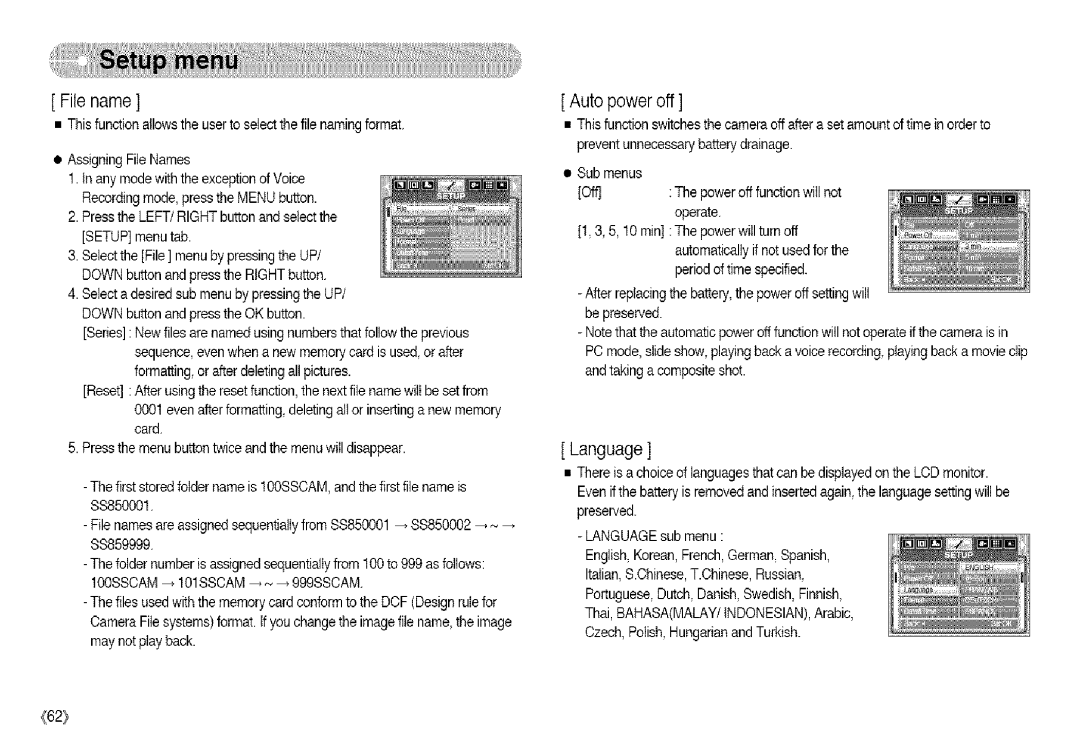 Samsung S850 manual File name, Autopower off, Language 