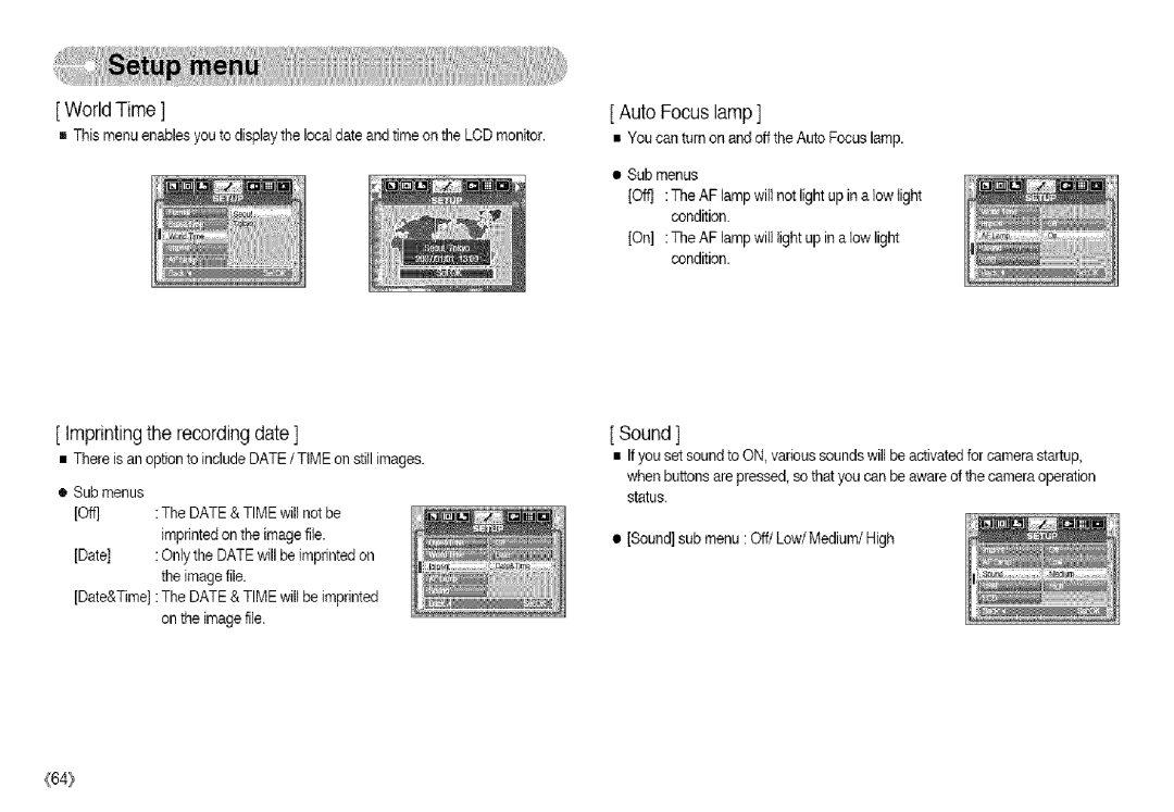 Samsung S850 manual World Time, Imprintingthe recordingdate, Auto Focus lamp, Sound 