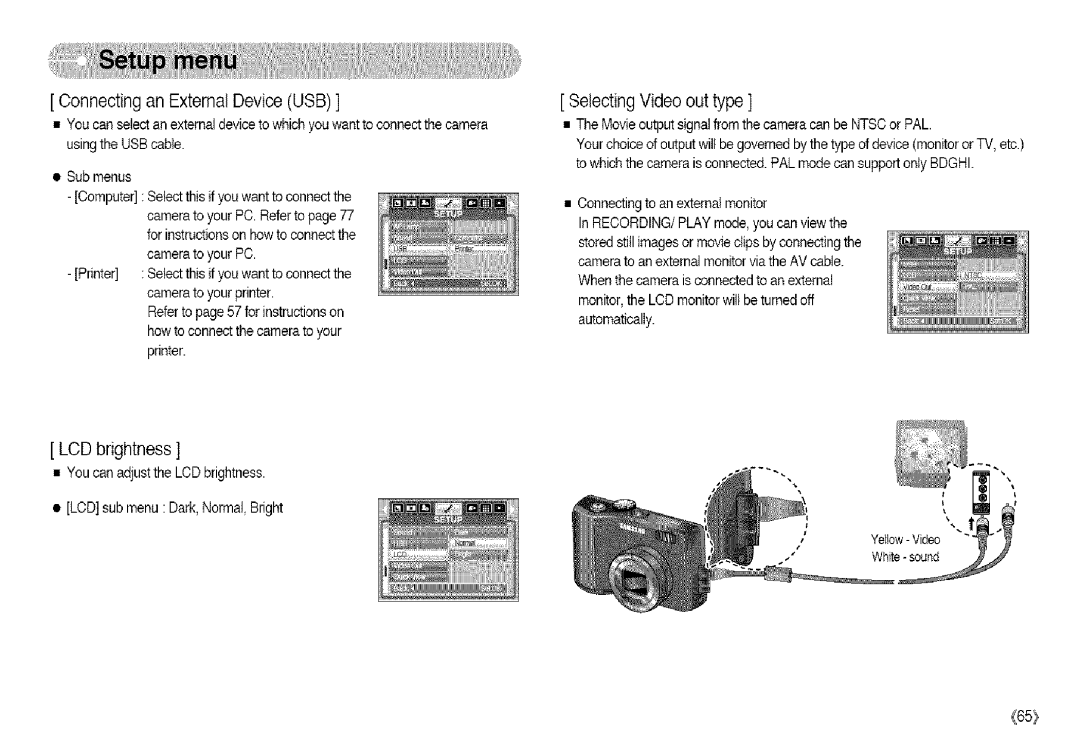 Samsung S850 manual Connectingan ExternalDeviceUSB, LCD brightness, SelectingVideo outtype 