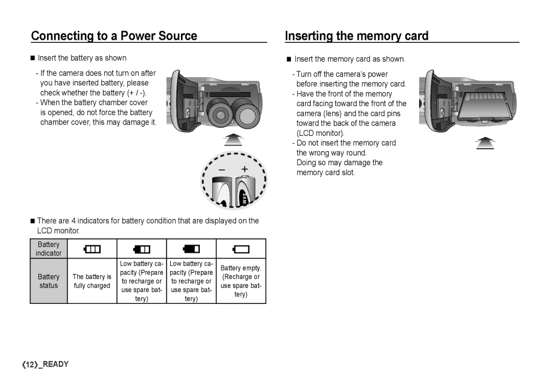 Samsung S860 manual Inserting the memory card, Insert the battery as shown, Insert the memory card as shown 