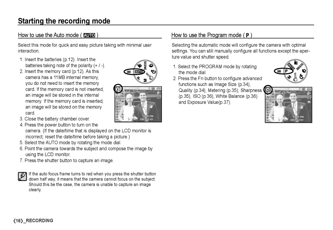 Samsung S860 manual Starting the recording mode, How to use the Auto mode μ, How to use the Program mode 