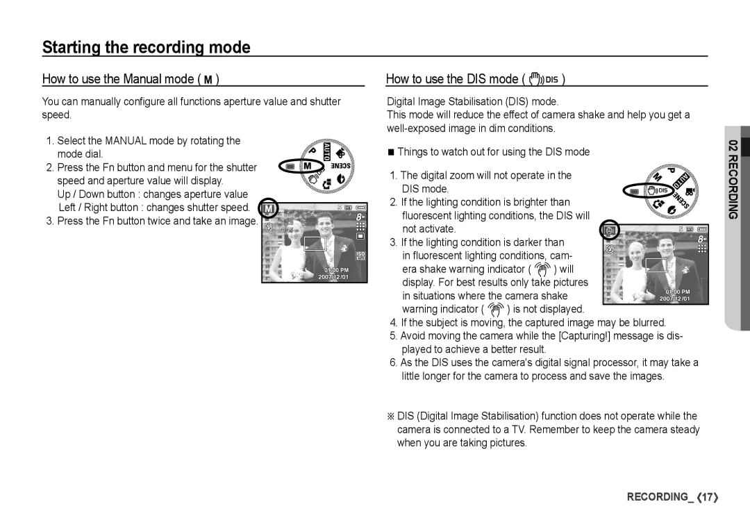 Samsung S860 manual How to use the Manual mode ¸, How to use the DIS mode 