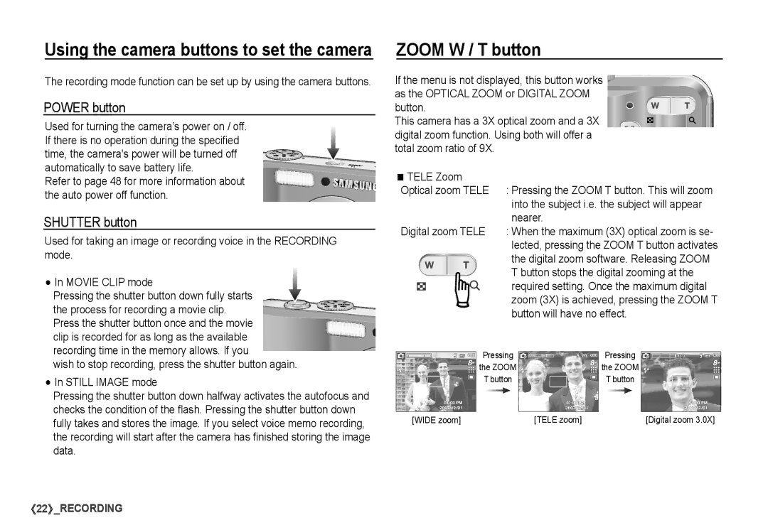 Samsung S860 manual Zoom W / T button, Power button, Shutter button, Nearer, Digital zoom Tele 