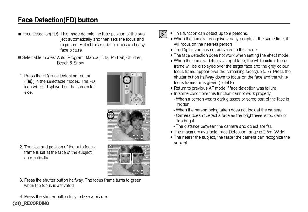 Samsung S860 manual Face DetectionFD button 