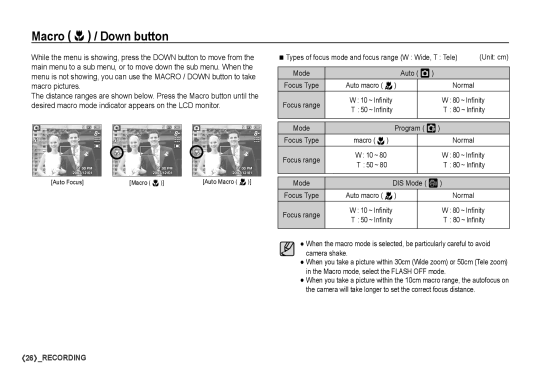 Samsung S860 manual Macro e / Down button, Auto Š, Program ‰, DIS Mode ÿ 