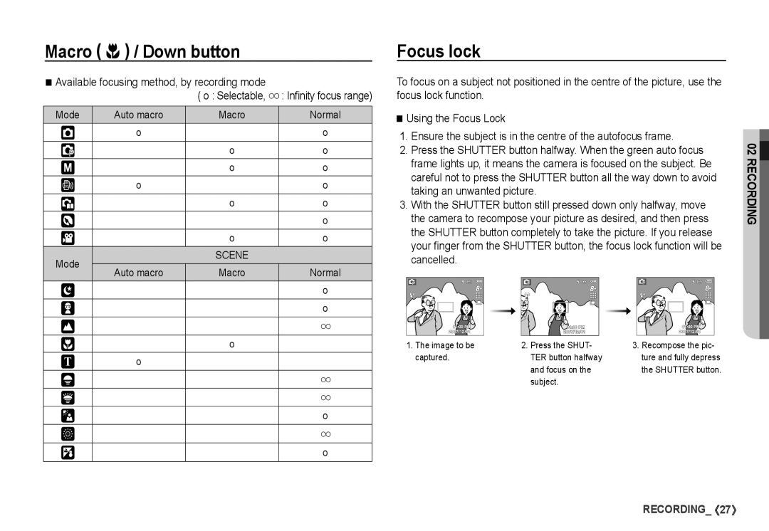 Samsung S860 manual Focus lock, Available focusing method, by recording mode 