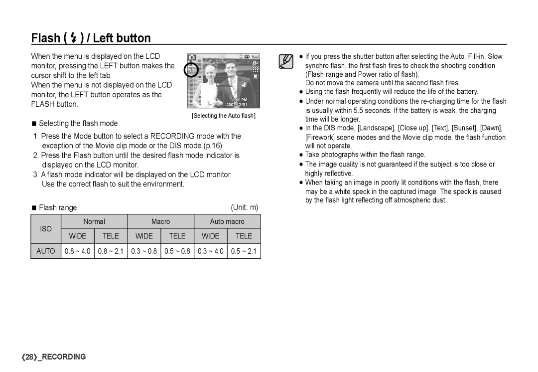 Samsung S860 manual Flash / Left button, Selecting the ﬂash mode, Flash range, Normal Macro Auto macro 