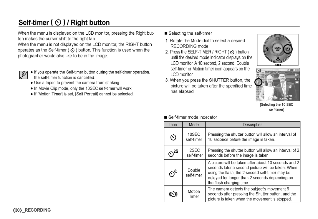 Samsung S860 manual Self-timer / Right button, Self-timer mode indecator 