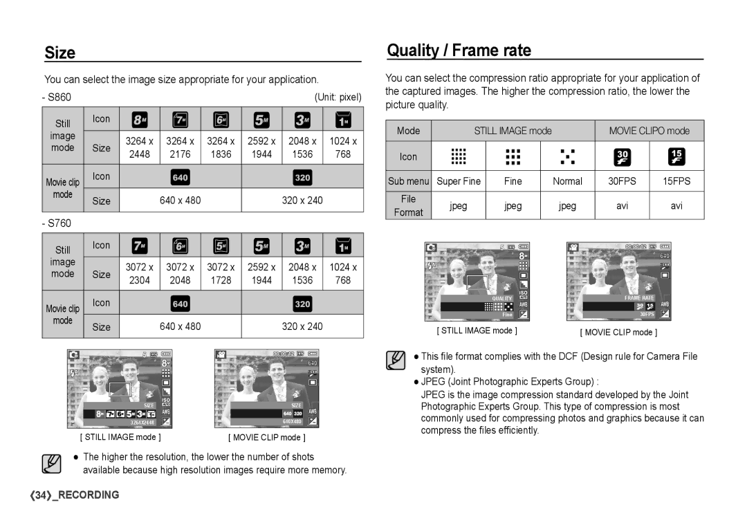 Samsung S860 manual Size, Quality / Frame rate 