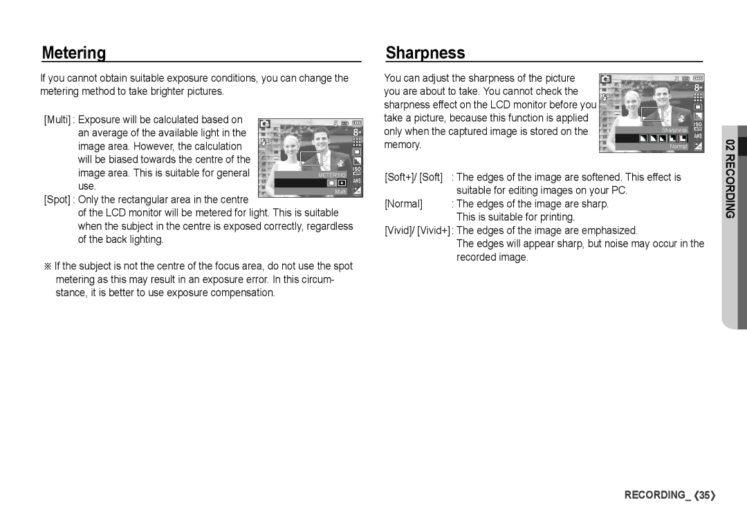 Samsung S860 manual Metering, Sharpness, Use, Back lighting, Memory 