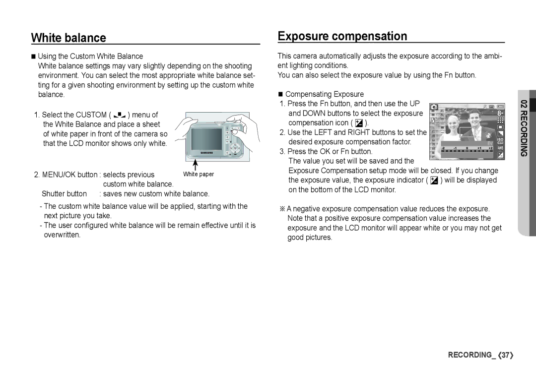 Samsung S860 manual Exposure compensation, MENU/OK button selects previous, Compensation icon Â, Press the OK or Fn button 