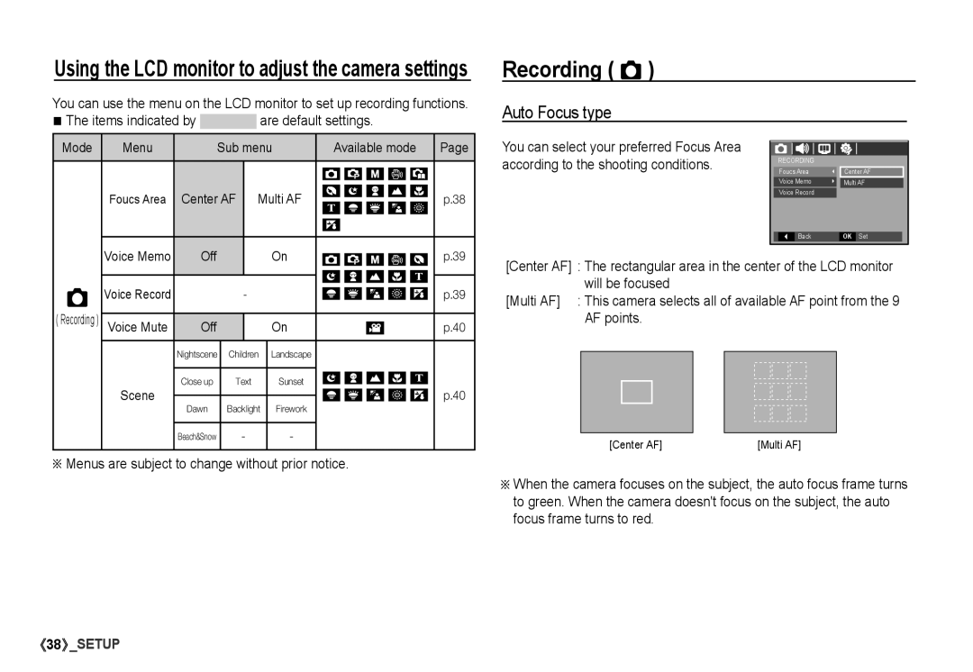 Samsung S860 Recording Ò, Auto Focus type, Items indicated by are default settings, Sub menu Available mode, Voice Record 