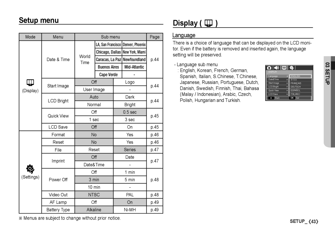 Samsung S860 manual Display, Language sub menu 